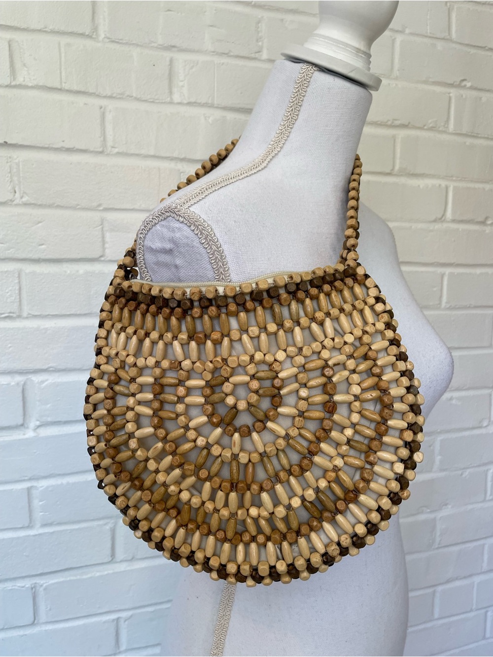Boho Beaded Round Shoulder Bag in Natural Wood Tones Summer